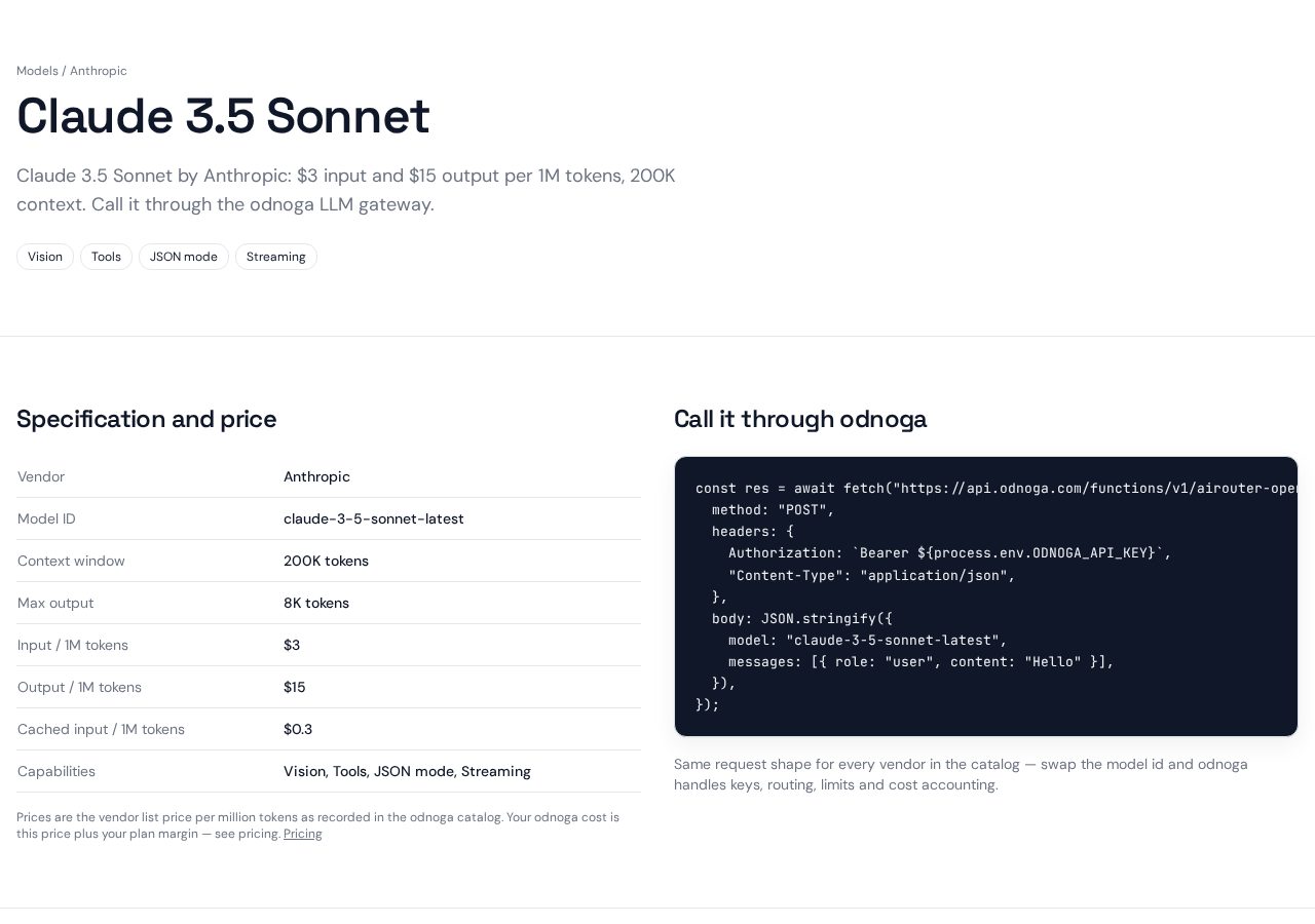 Model detail page with specification, vendor pricing and a copy-paste code example calling the model through odnoga
