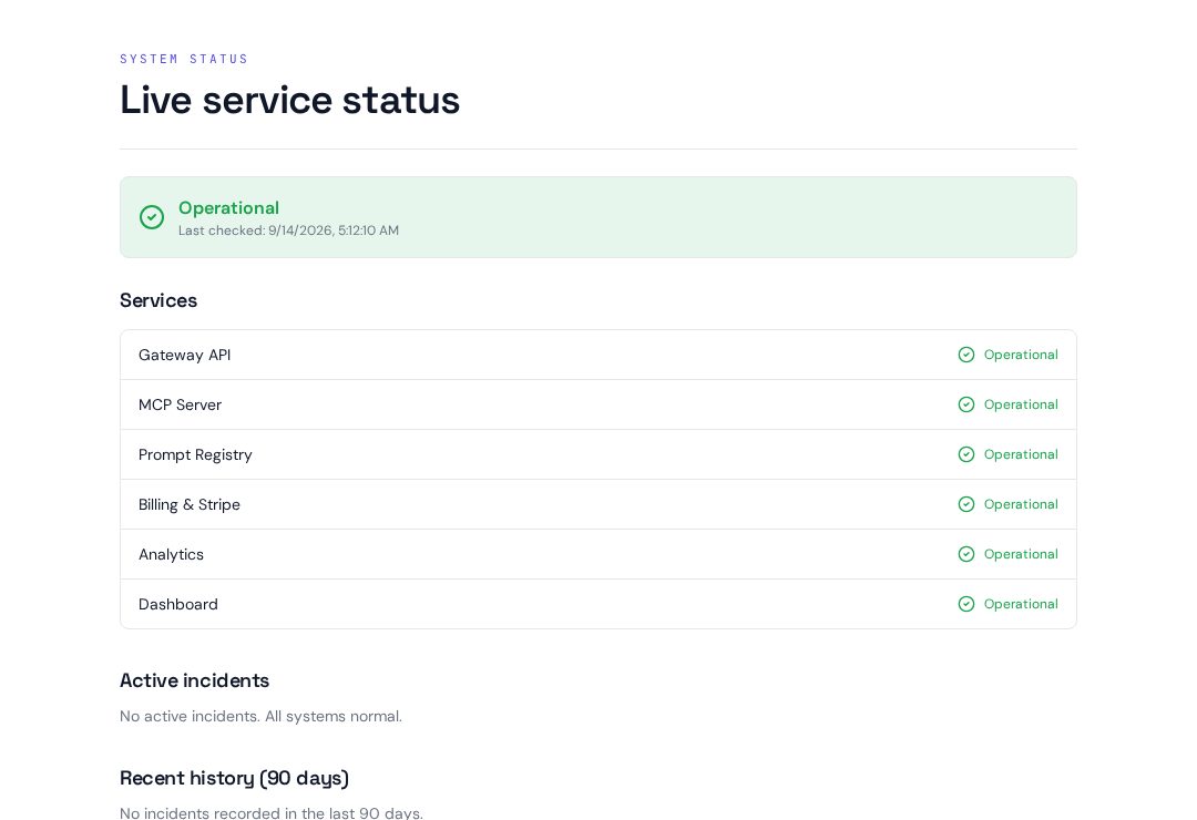 Live odnoga status page showing all services operational: Gateway API, MCP Server, Prompt Registry, Billing, Analytics, Dashboard